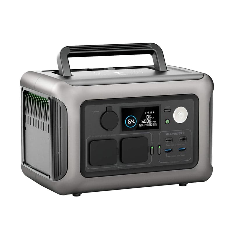 ALLPOWERS R600 portable power station with LiFePO4 battery, dual AC outlets, and wireless charging pad