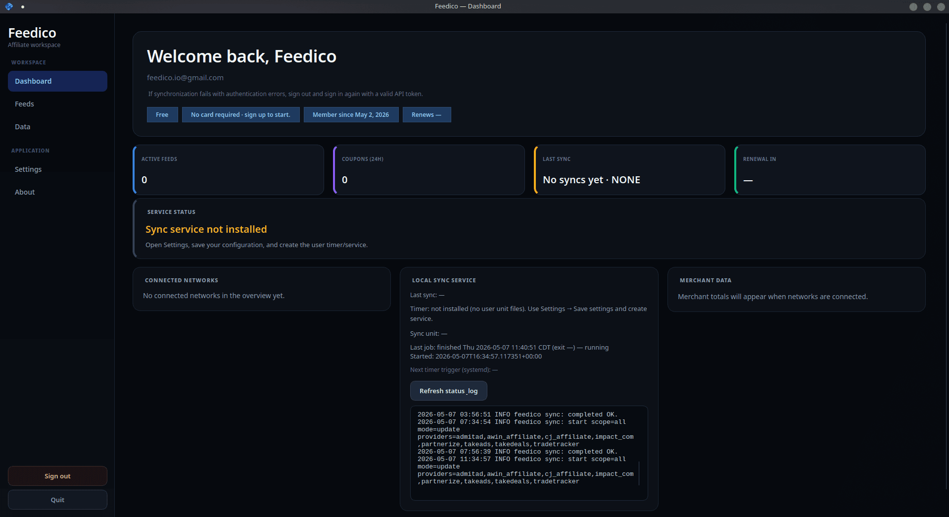 Feedico affiliate dashboard showing sync job status, plan context, and workspace health on Linux