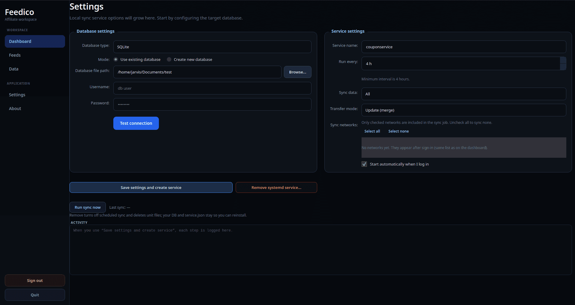 Affiliate sync settings for SQLite or MySQL target and systemd user timer on Linux