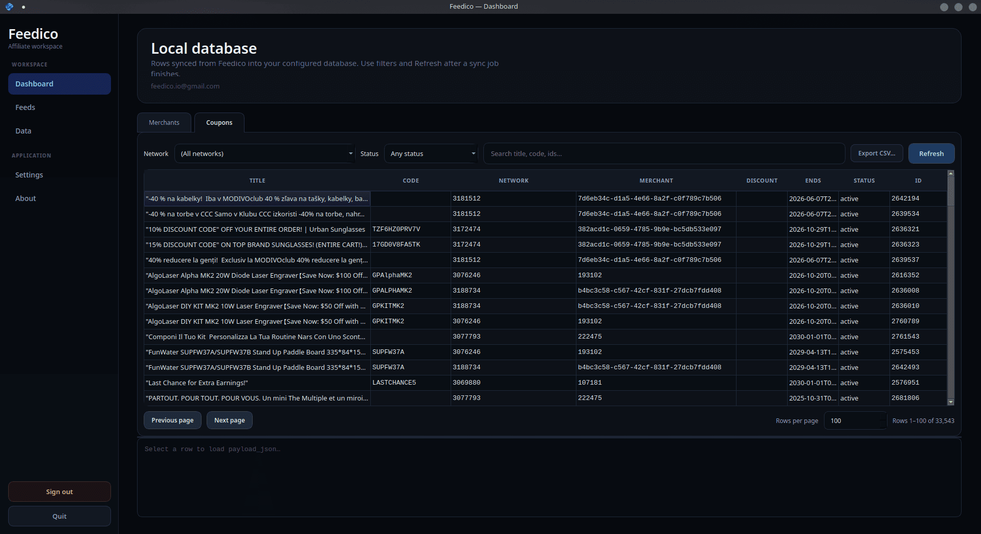 Local coupon database table with filters pagination and CSV export in Feedico Linux client