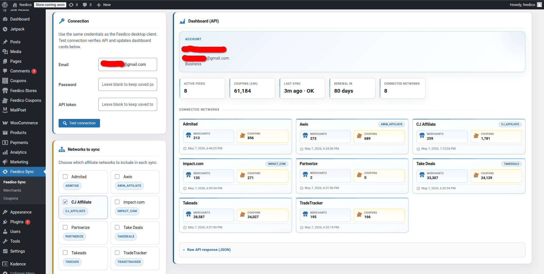WordPress Feedico Sync plugin main screen with API credentials, networks to sync checkboxes, and live coupon statistics