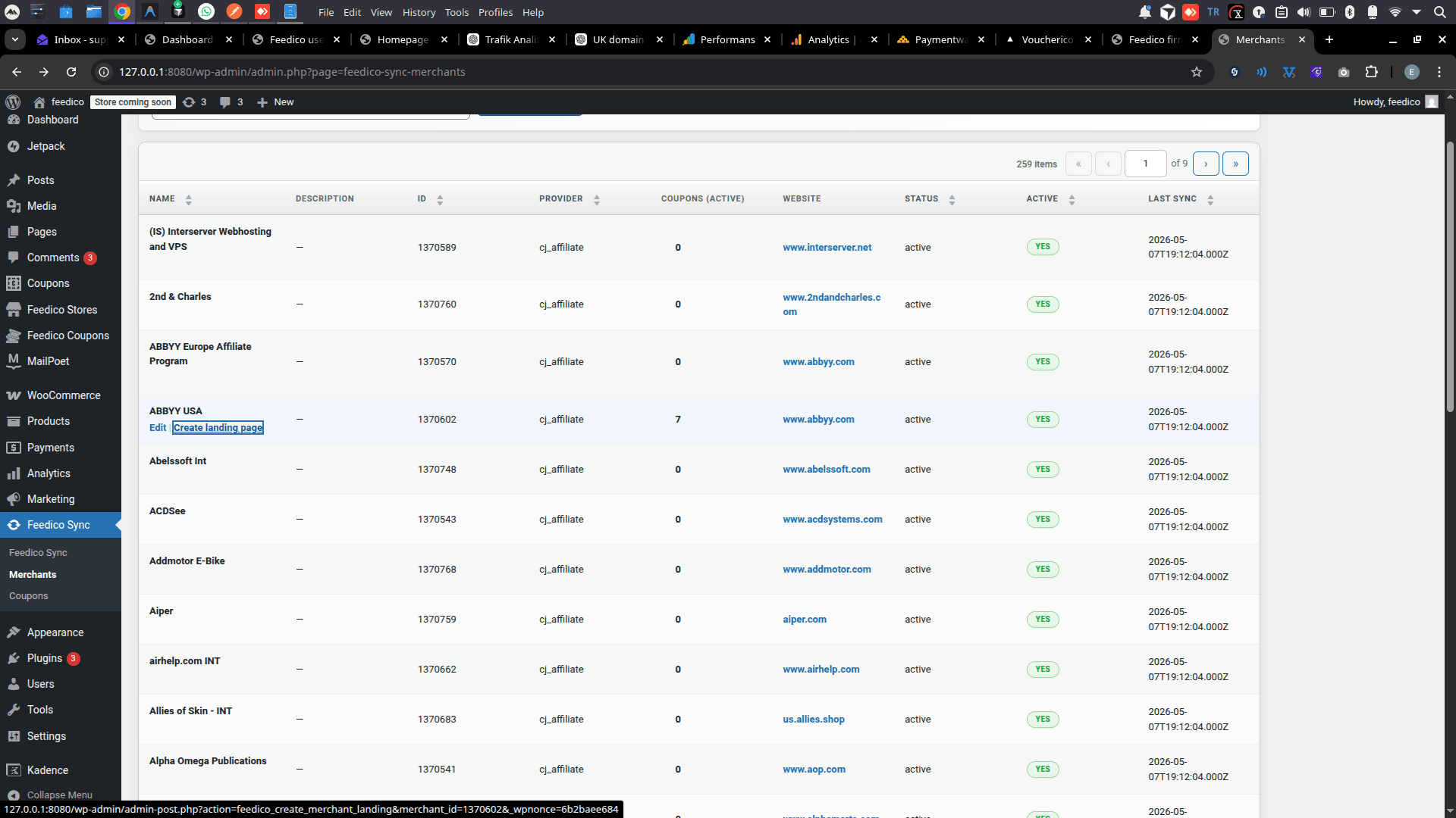 Feedico WordPress plugin merchants table with search, pagination, provider column, and create landing page action