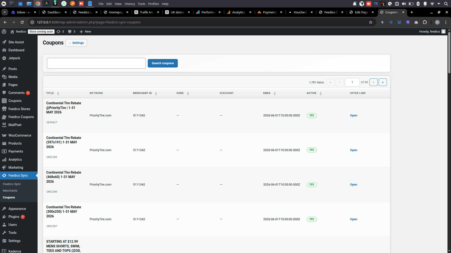 Feedico WordPress affiliate coupon plugin coupons list with thousands of offers and network metadata