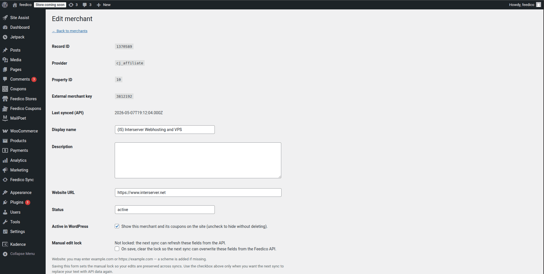 WordPress Feedico edit merchant screen with display name, description, website URL, and manual edit lock