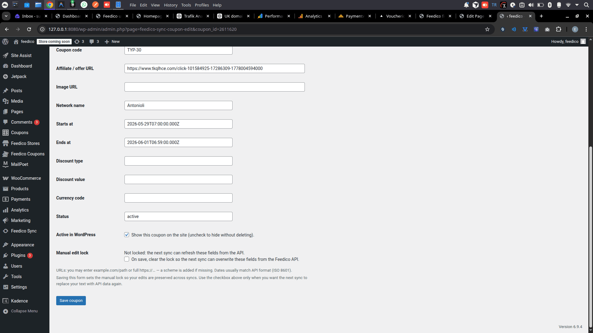 Feedico WordPress plugin edit coupon form with code, affiliate URL, validity dates, and manual sync lock