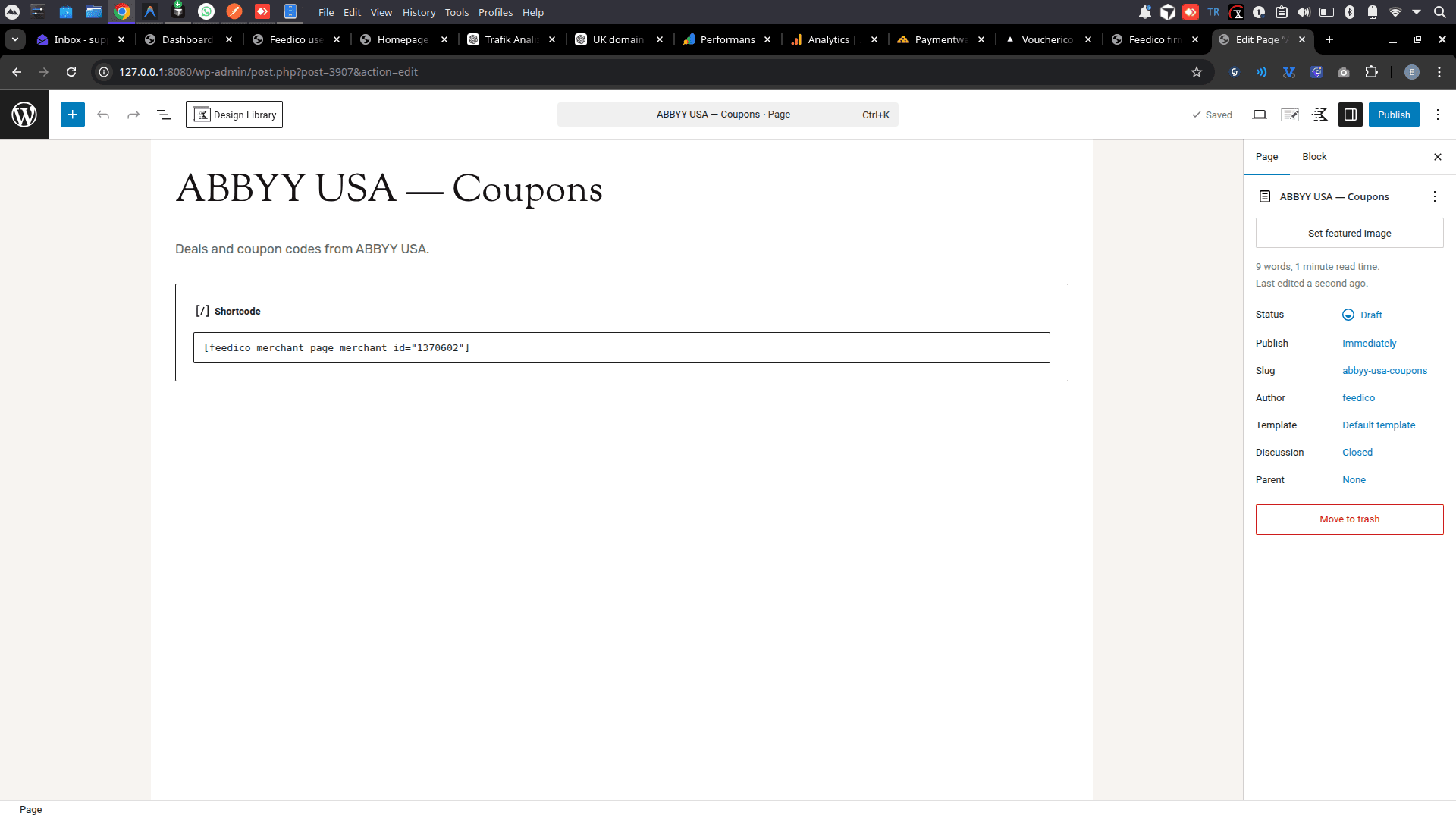 WordPress block editor showing feedico_merchant_page shortcode for ABBYY USA coupons page
