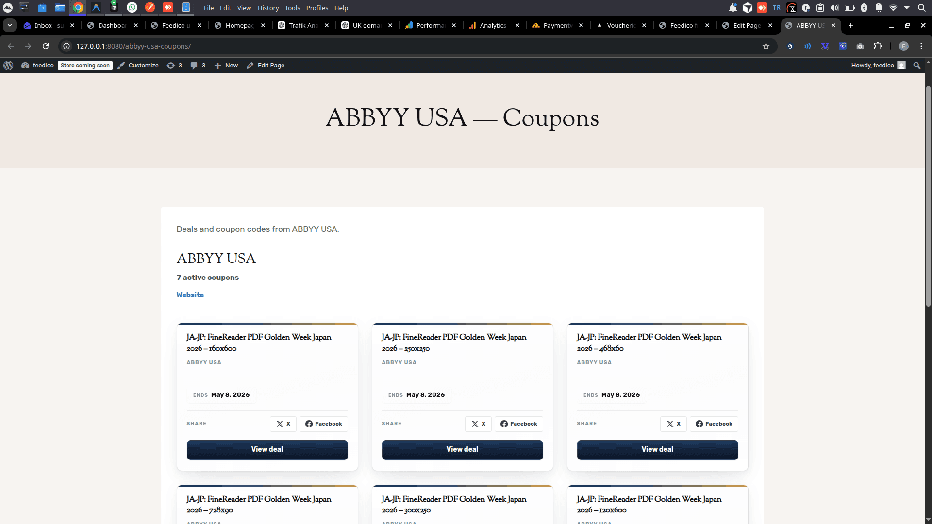 Live WordPress storefront-style coupon page with grid of deal cards, expiry dates, share actions, and View deal buttons powered by Feedico