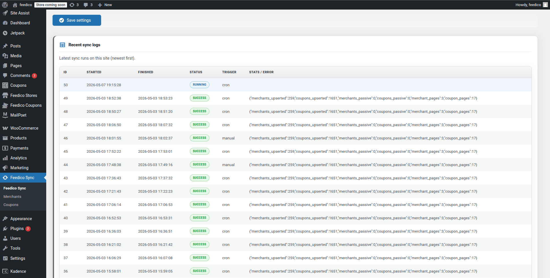 Feedico Sync WordPress plugin sync log table with cron and manual runs and JSON stats