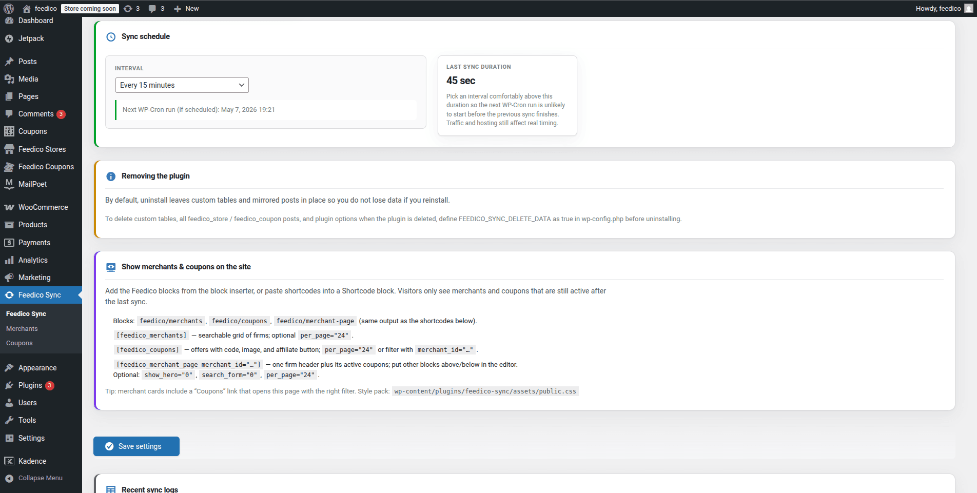 Feedico WordPress plugin settings for WP-Cron interval, block and shortcode reference, and data retention