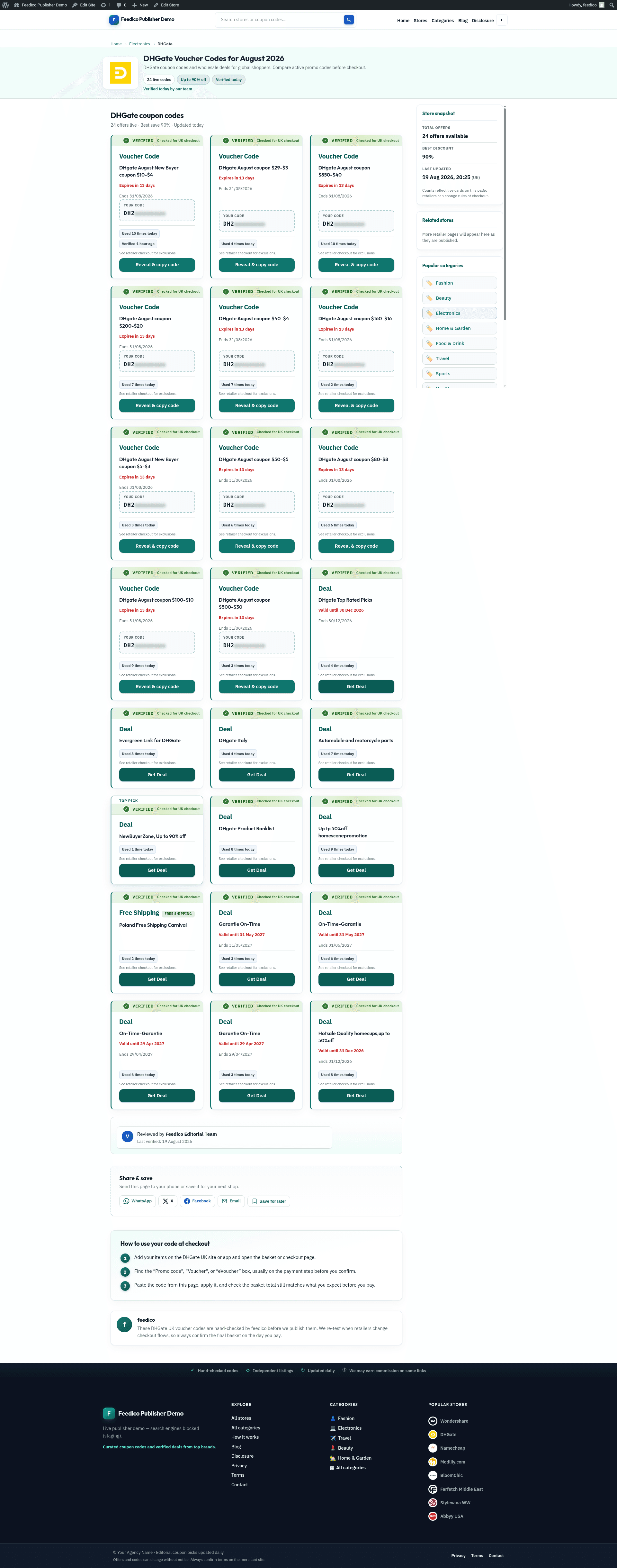 DHGate merchant store page template with coupon tile grid, verified deals, promo codes, sidebar store snapshot, and checkout how-to