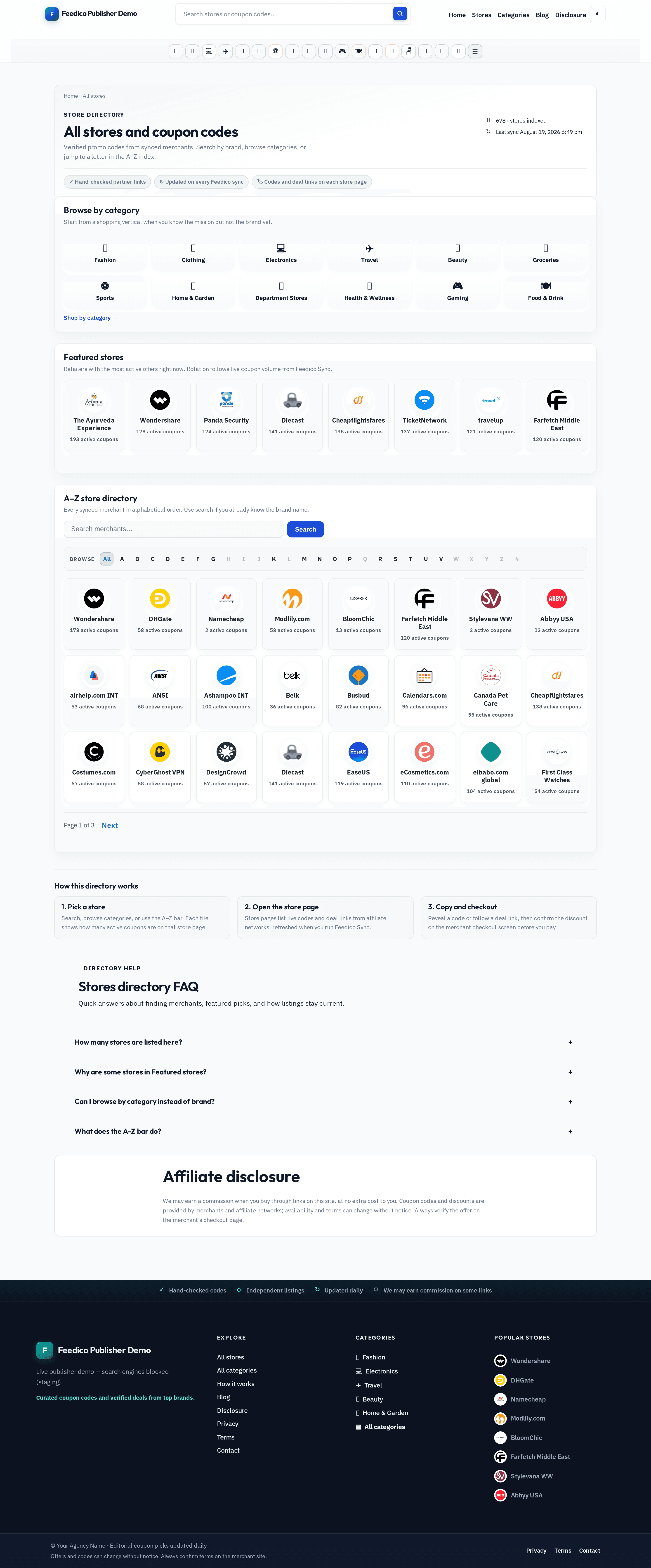 Coupon store directory and merchant directory with browse stores coupon site search, featured stores, and A-Z store directory