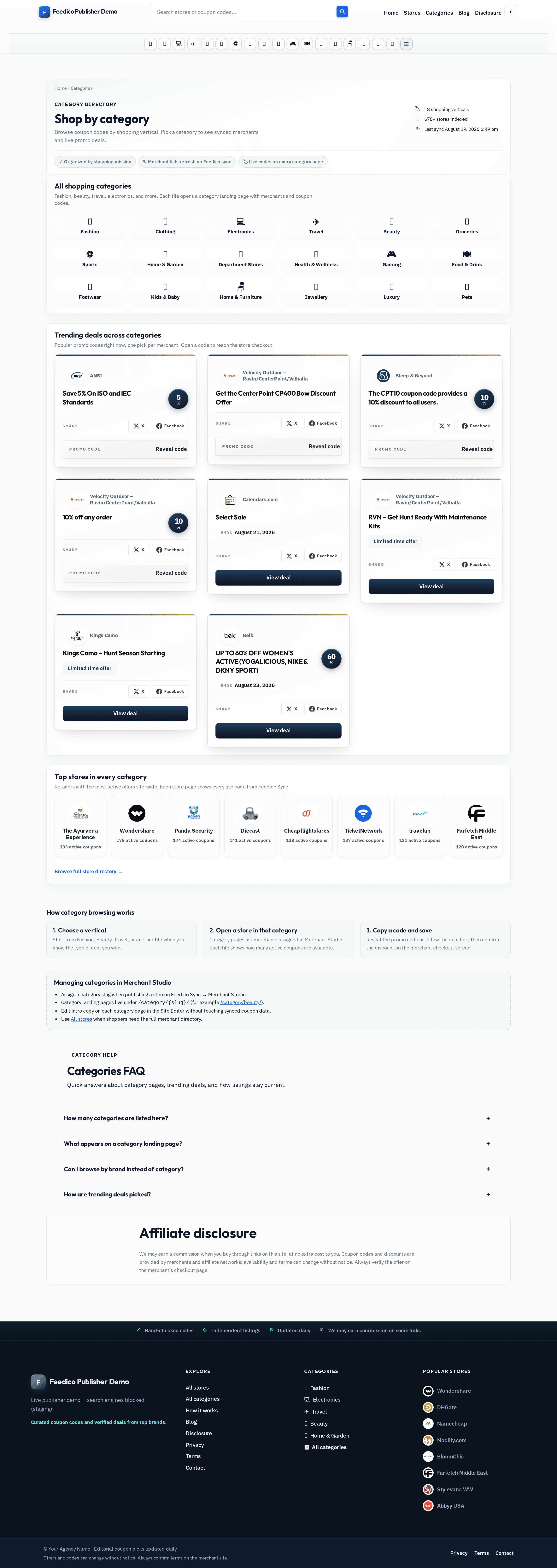 Shop by category coupons hub with browse by category navigation, trending deals, and top stores in every category