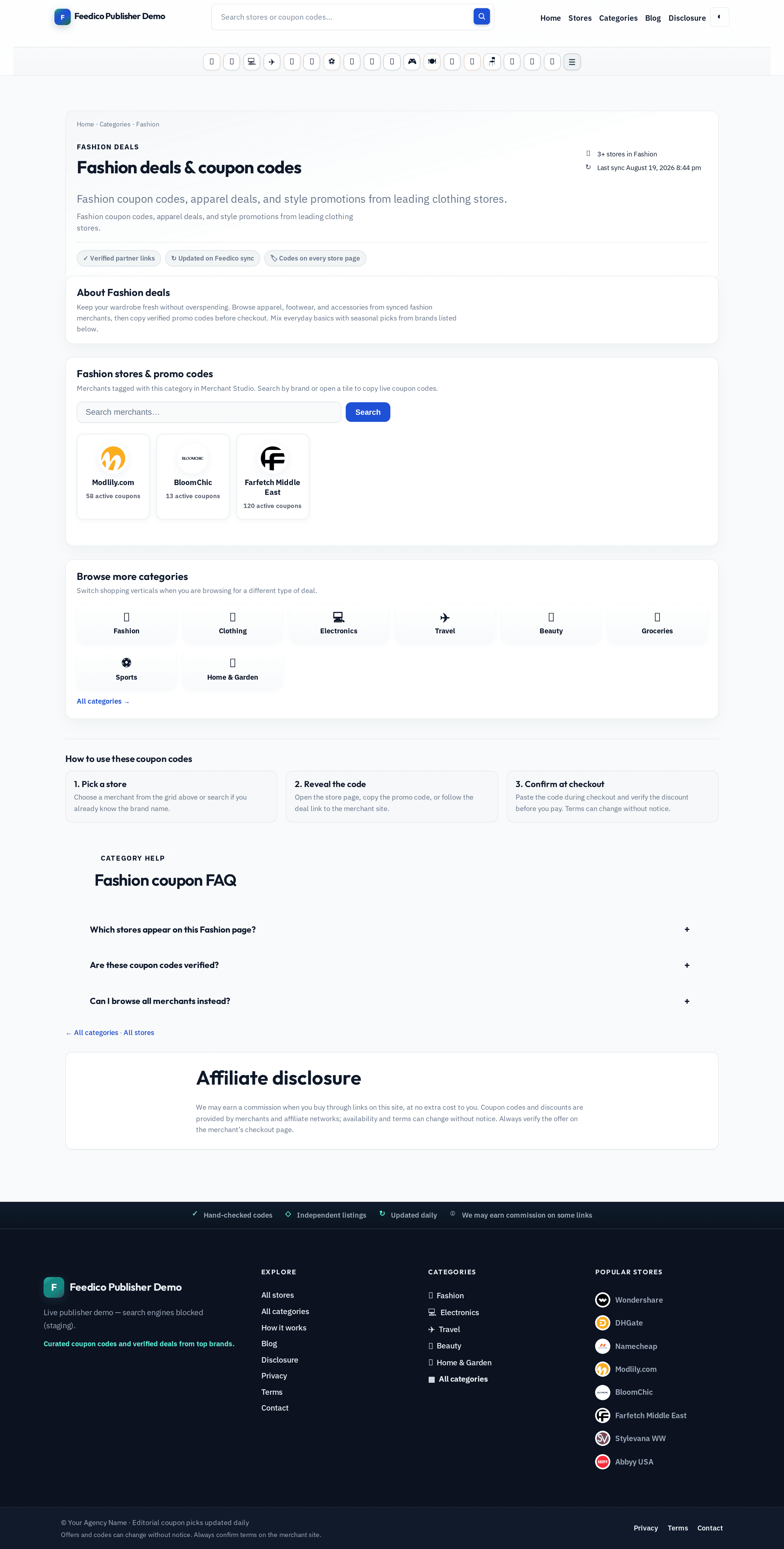Category landing page coupons for Fashion with filter merchants by category, merchant tile grid, and category FAQ