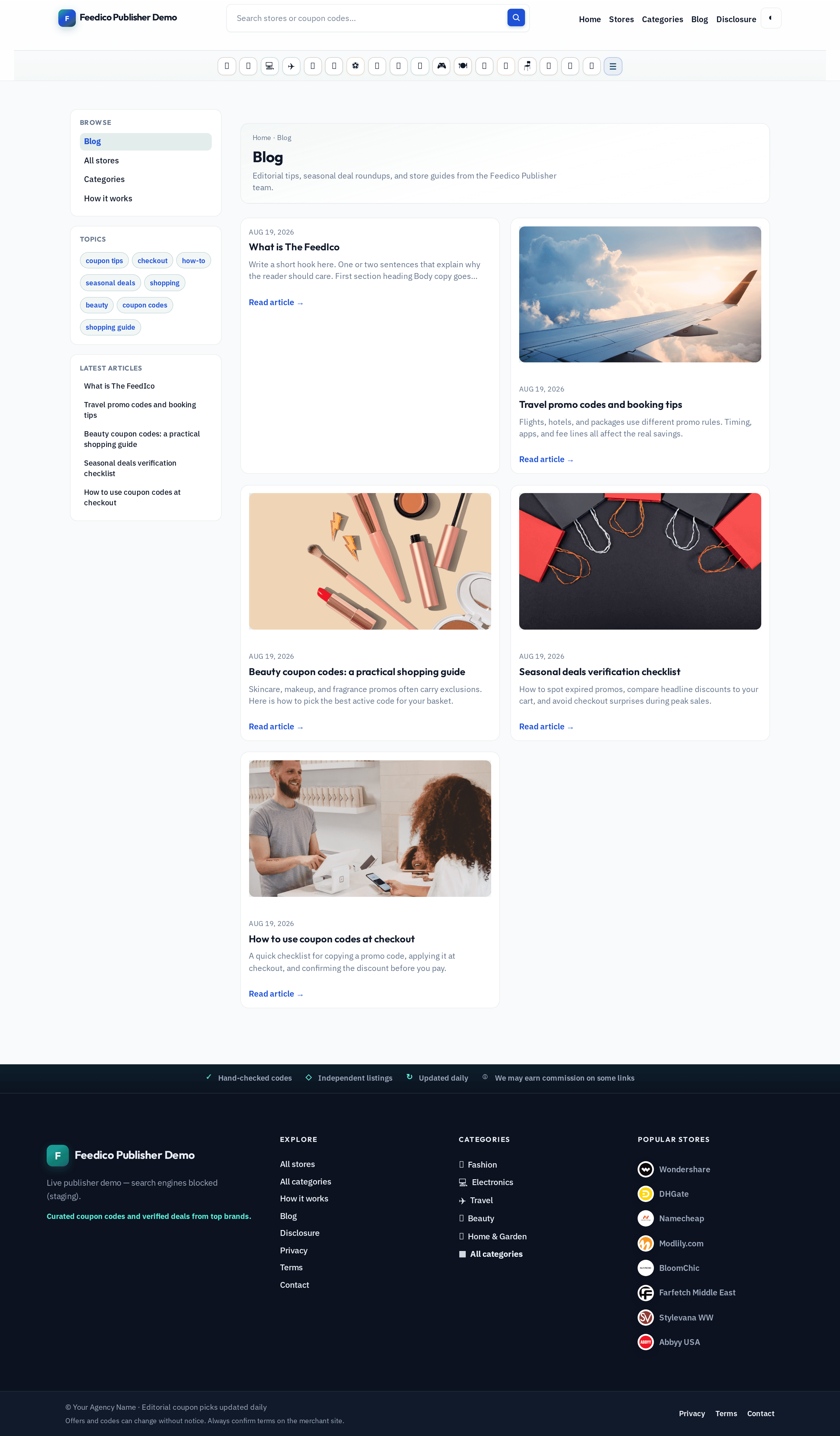 Deals blog WordPress listing with editorial articles, topics sidebar, and coupon tips for affiliate coupon site tutorial content