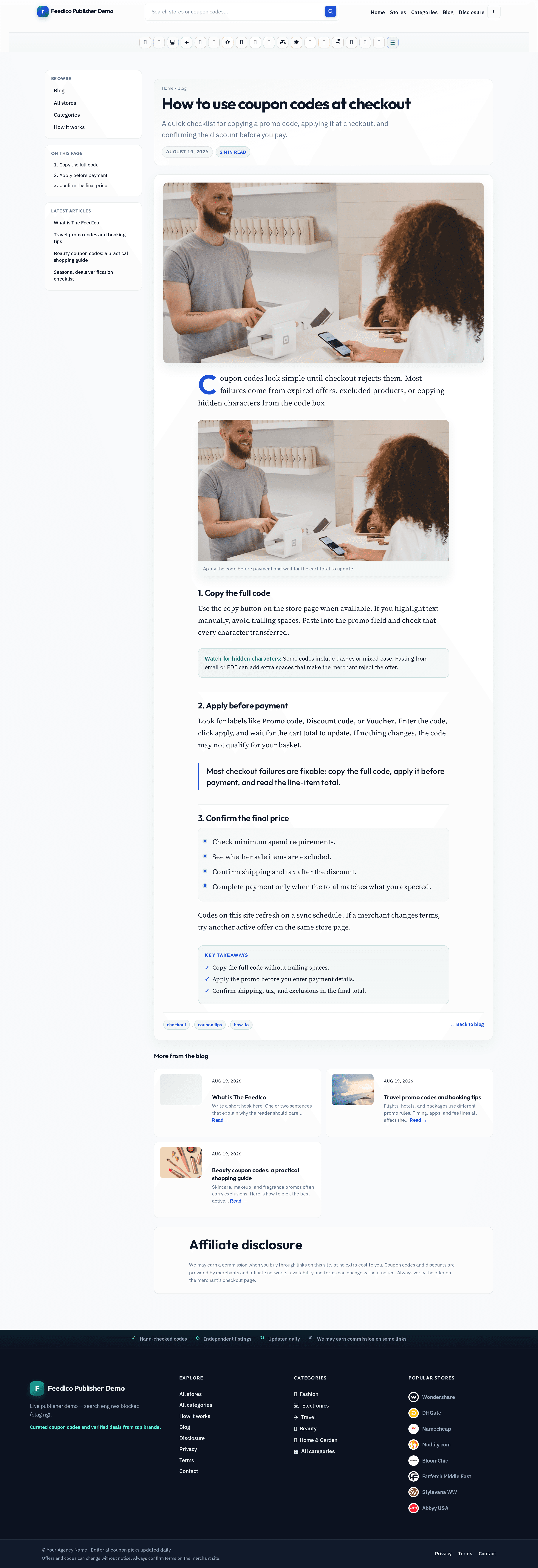 Blog detail template for how to use coupon codes at checkout with table of contents and affiliate disclosure