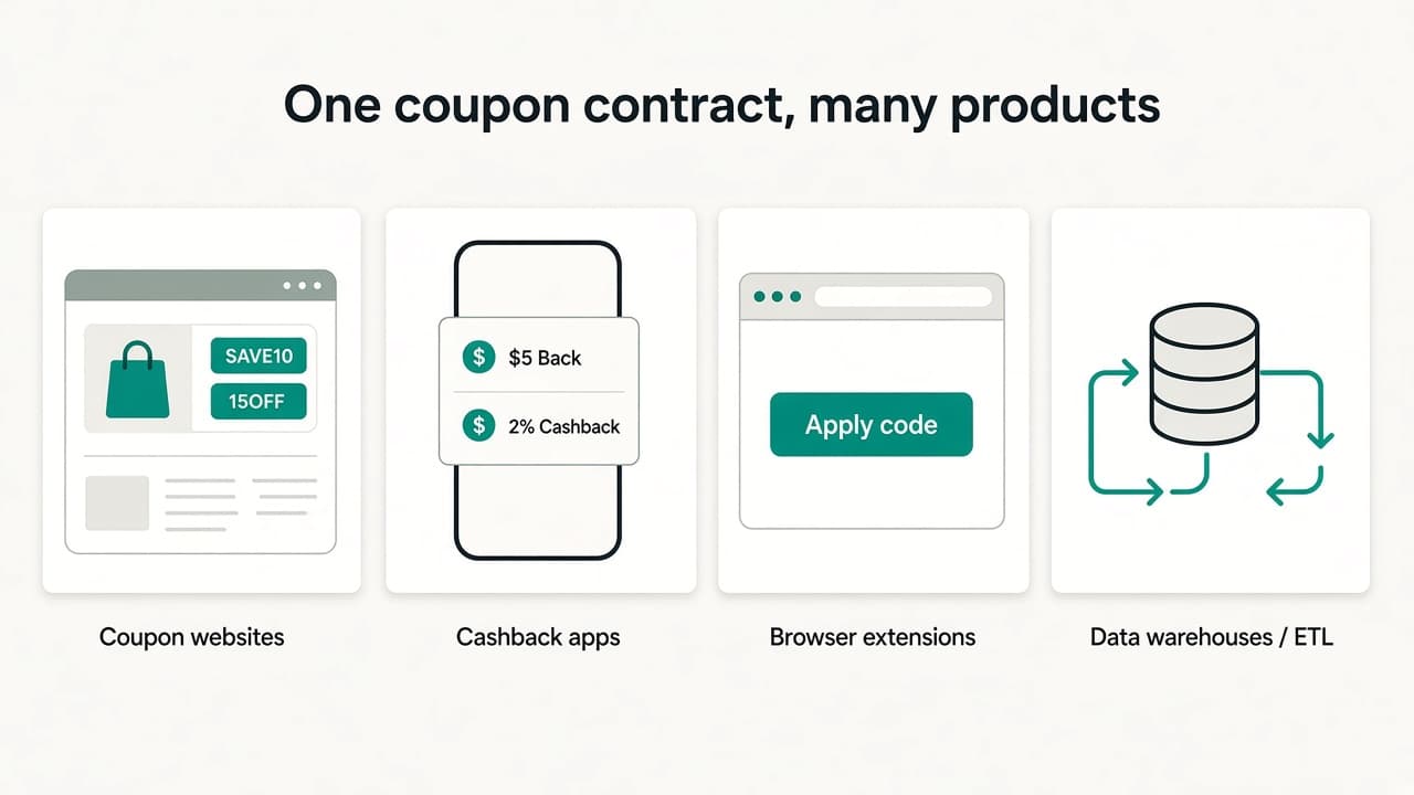 Coupon API use cases: coupon websites, cashback apps, browser extensions, and ETL pipelines